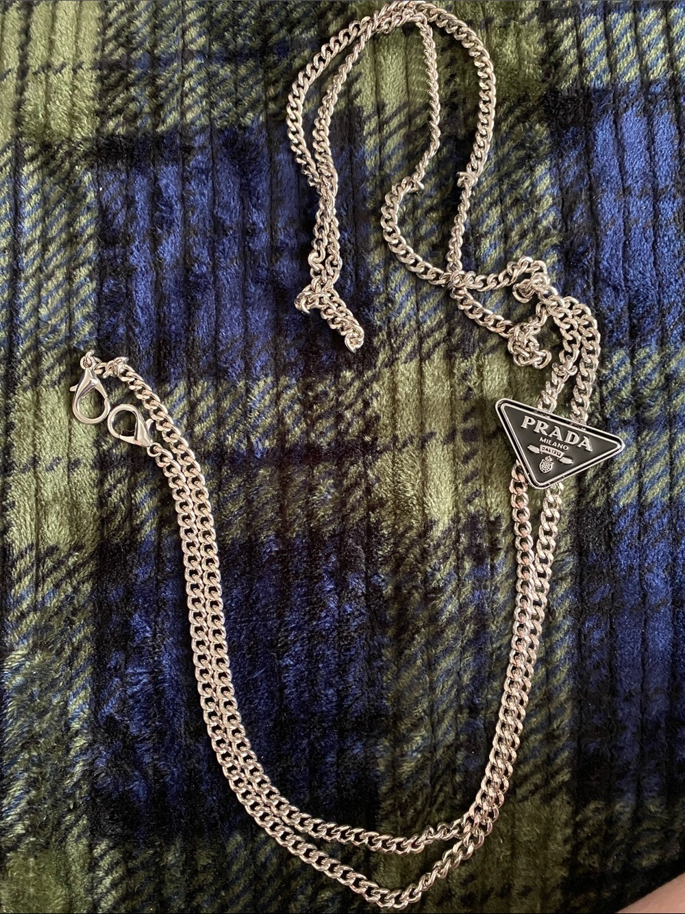 Prada Silver-tone Chain Necklace with Black Triangle Logo